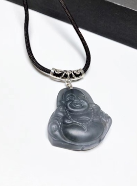 D311# 新疆和田玉收藏级紫罗兰烟紫料笑佛佛公吊坠41*36.5*10mm