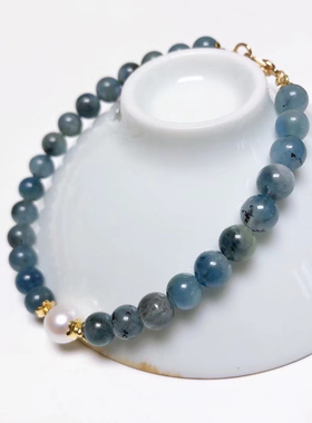 S415# 天然魔鬼蓝海蓝宝手链6.3mm 配淡水珍珠极光小灯泡7mm