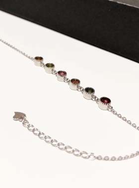 S1689# S925纯银精工镶嵌碧玺手链平安喜乐6颗主石*5mm全长16cm