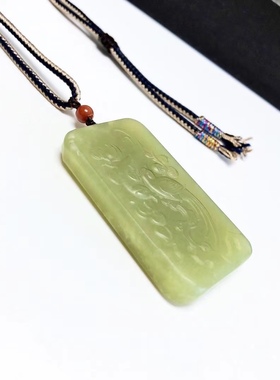 D643# 天然和田玉黄口老料精工雕吉祥如意吊坠47.5*25.5*8.3mm