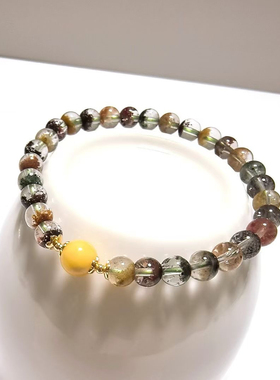 S477# 天然全净体彩幽灵手链6.3mm 配蜜蜡圆珠7.5mm