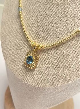 D1460# 通体S925纯银精工镶嵌托帕石彩色宝石吊坠 镀18K金珠项链