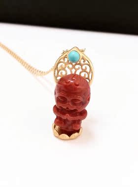 D45# 天然南红宝宝佛吊坠 老金配绿松 锁骨链 18K配链