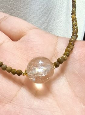 D1402#天然阿塞斯特莱彩虹银发晶锁骨链13.3mm配菜籽黄绿松石3mm