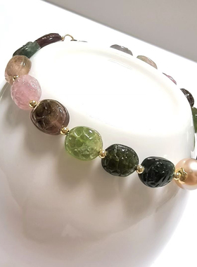 S570# 天然老矿料碧玺富甲天下手链8.3-10.8mm配极光淡水珍珠8mm