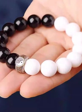 道家饰品太极九字真言手链黑曜石s925银转运珠混元珠八卦手串男款