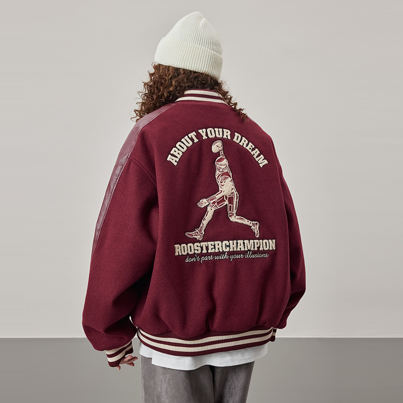 公鸡冠军棉服女新款冬季宽松酒红色复古刺绣PU皮拼接夹棉加厚外套 - 图0