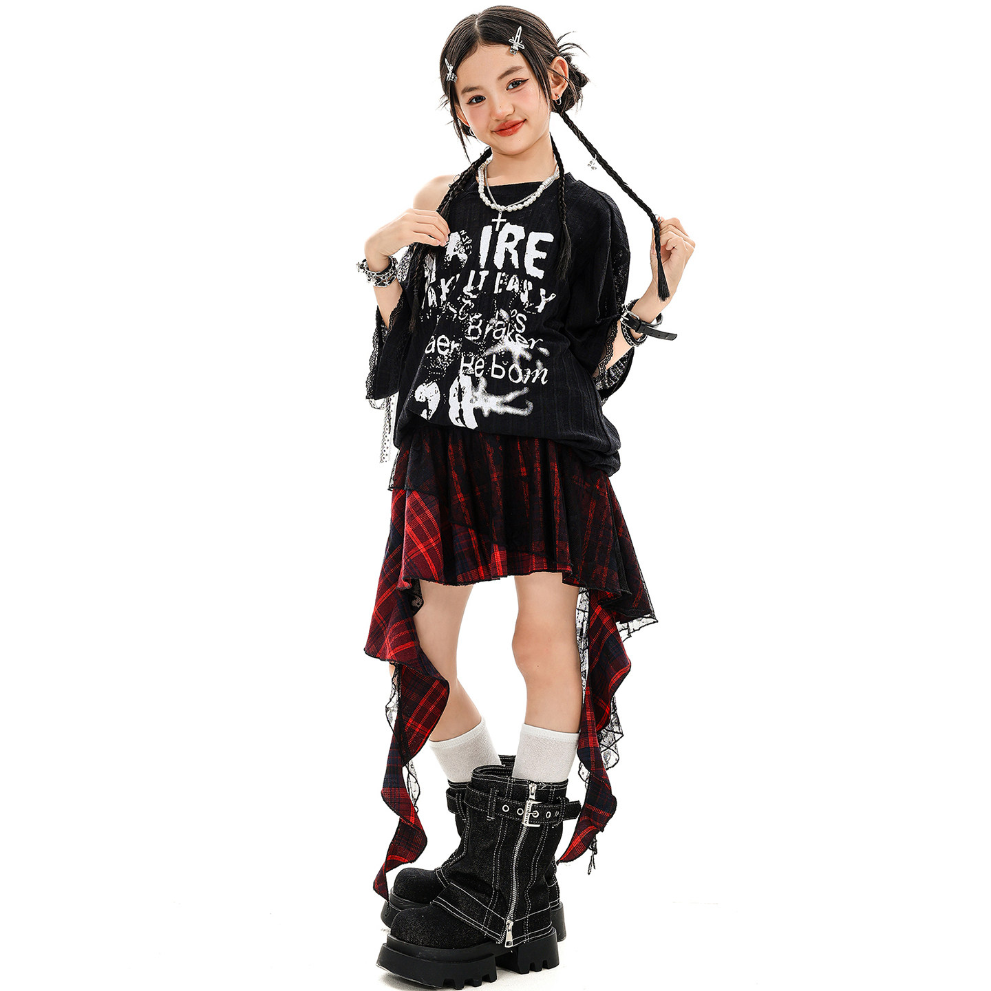 爵士舞服装女童时髦露肩T恤格子短裙走秀服女团韩舞现代舞演出服,淘宝优惠券,粉丝福利购,淘宝优惠卷