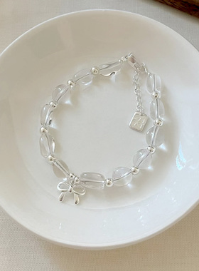 蝴蝶结白水晶手链s925纯银韩版