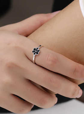 黑色雏菊花戒指925纯银小众设计