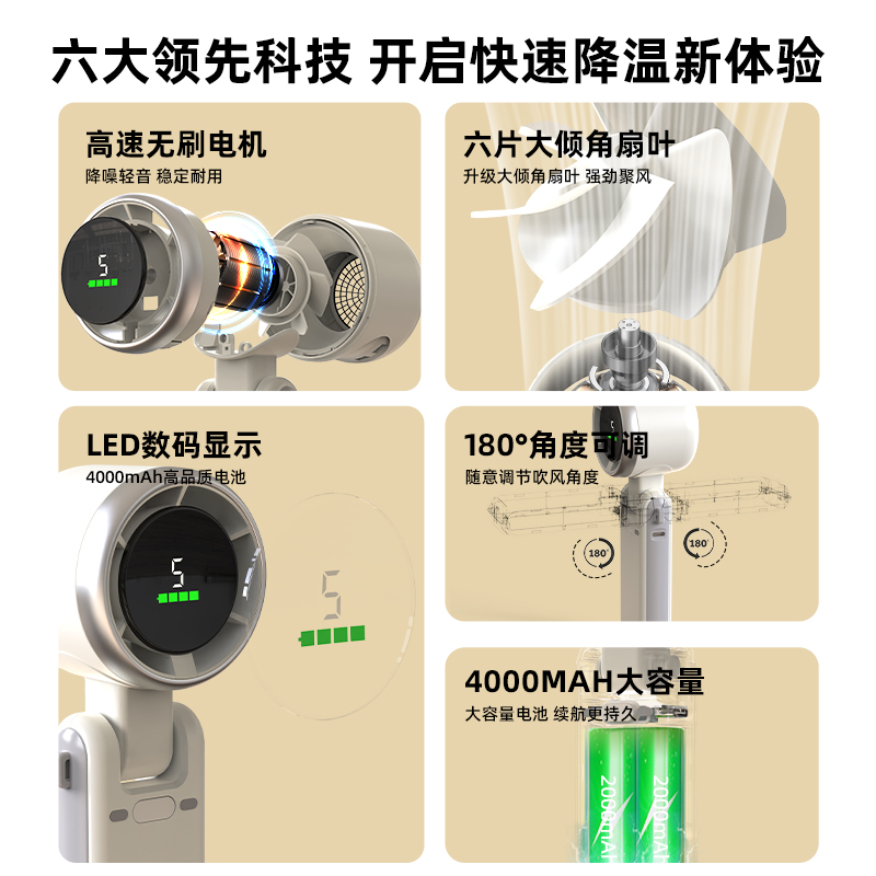 普芝高速涡轮增压手持小风扇手持便携式可挂脖办公室桌面风扇宿舍静音超长续航户外强力迷你暴力夏天降温神器
