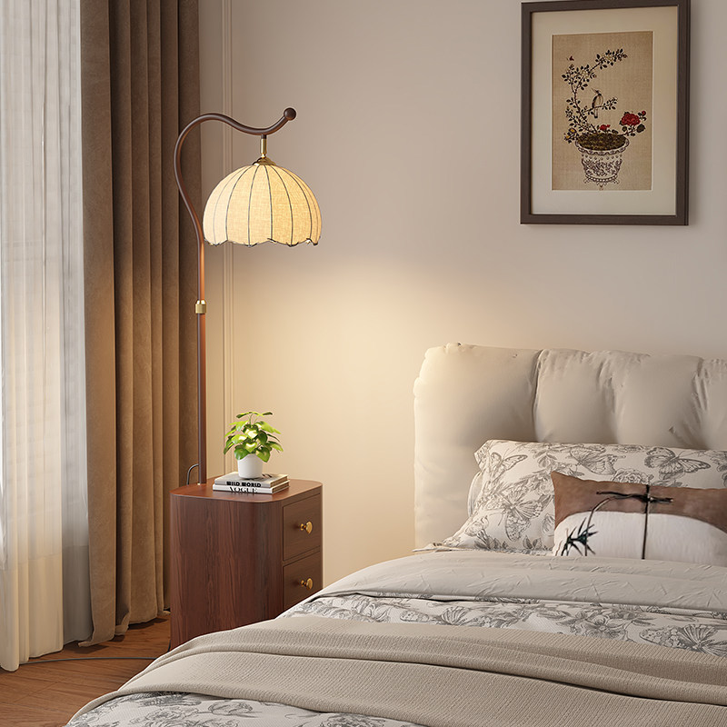 中古风落地灯客厅沙发边置物架美式复古氛围感卧室床头柜台灯一体,淘宝优惠券,粉丝福利购,淘宝优惠卷