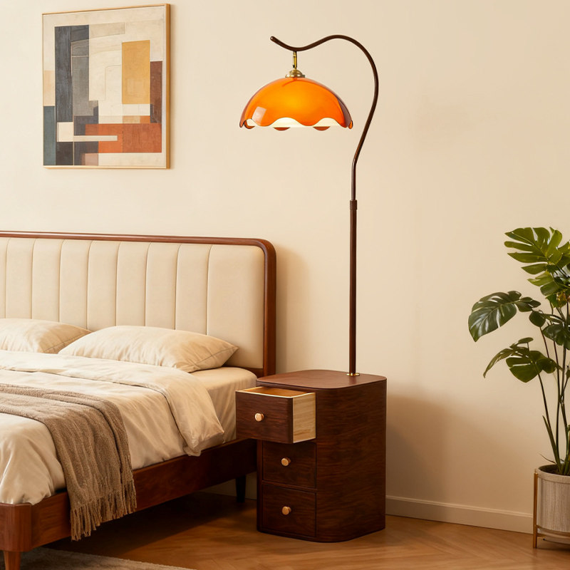 中古风卧室床头柜台灯一体落地灯置物架客厅沙发边复古氛围感台灯,淘宝优惠券,粉丝福利购,淘宝优惠卷