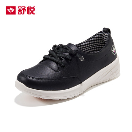 舒悦老人鞋舒适小皮鞋一脚蹬软皮软底妈妈鞋中老年防滑轻便女浅口