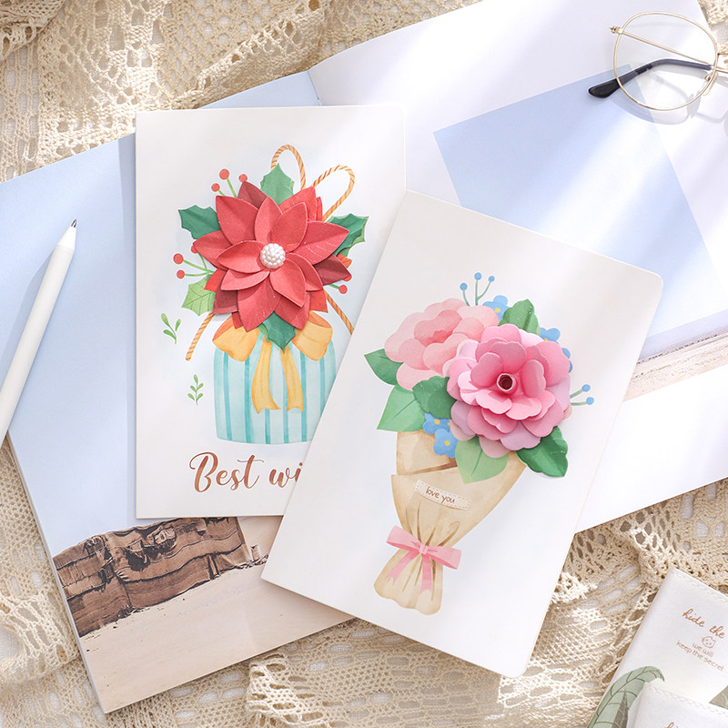 创意diy手工自制祝福小卡片平安夜送老师新款立体花束贺卡感谢信闺蜜生日礼物情侣周年庆婚礼留言卡代手写 玛格办公专营店