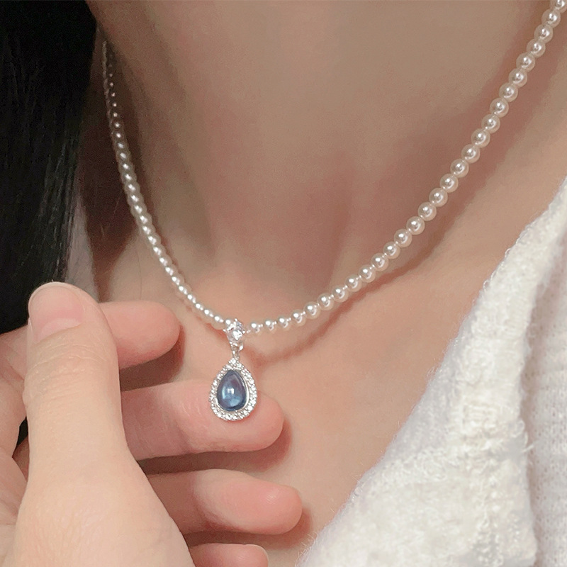 s尚美伯爵海蓝宝水滴吊坠珍珠项链配饰女秋冬锁骨链高级感轻奢小 - 图0