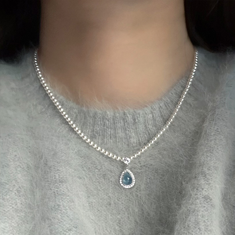 s尚美伯爵海蓝宝水滴吊坠珍珠项链配饰女秋冬锁骨链高级感轻奢小 - 图2