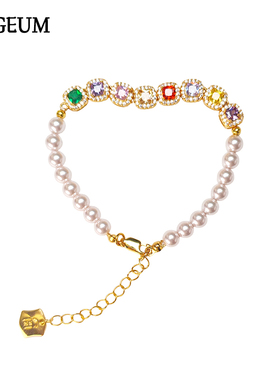 七彩方糖施家珍珠金球手链高级感叠戴重工轻奢设计感彩色手串女