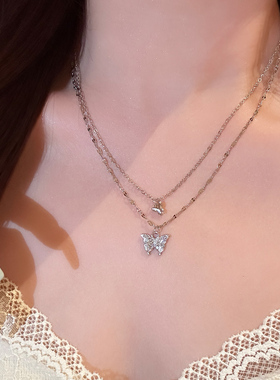 小红缇jewelry 蝴蝶项链女法式温柔双层叠戴锁骨链纯银气质颈链女