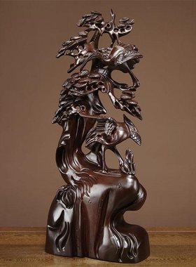 黑檀木雕松鹤延年摆件红木雕刻工艺品实木家居饰品客厅摆设送礼品