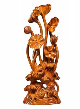 根雕荷花雕刻摆件红木工艺品木雕