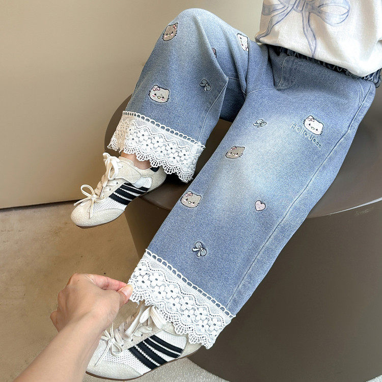 女童新款儿童2026春季猫咪绣花牛仔裤宝宝阔腿裤宽松洋气小童童装,淘宝优惠券,粉丝福利购,淘宝优惠卷