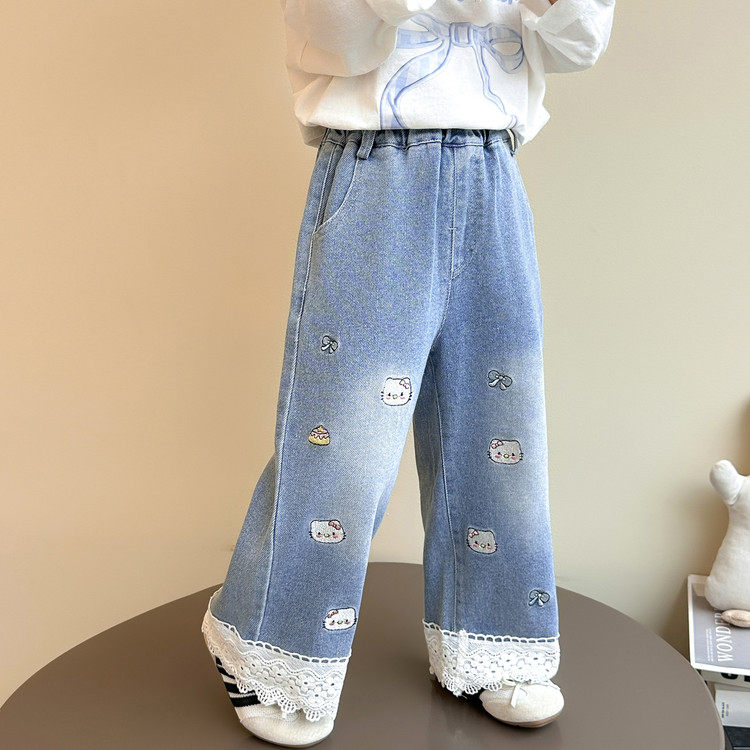 女童新款儿童2026春季猫咪绣花牛仔裤宝宝阔腿裤宽松洋气小童童装,淘宝优惠券,粉丝福利购,淘宝优惠卷