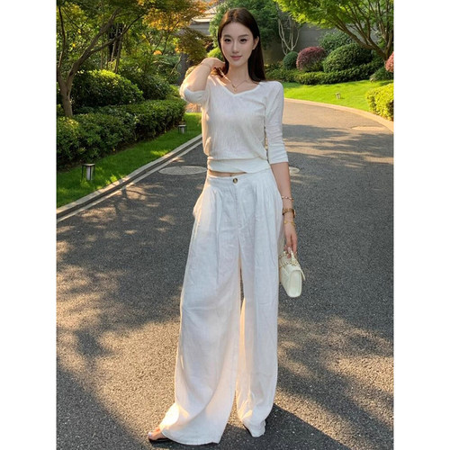 白色亚麻阔腿裤女夏季薄款2026新款高个子加长垂感老钱风棉麻裤子 - 图0