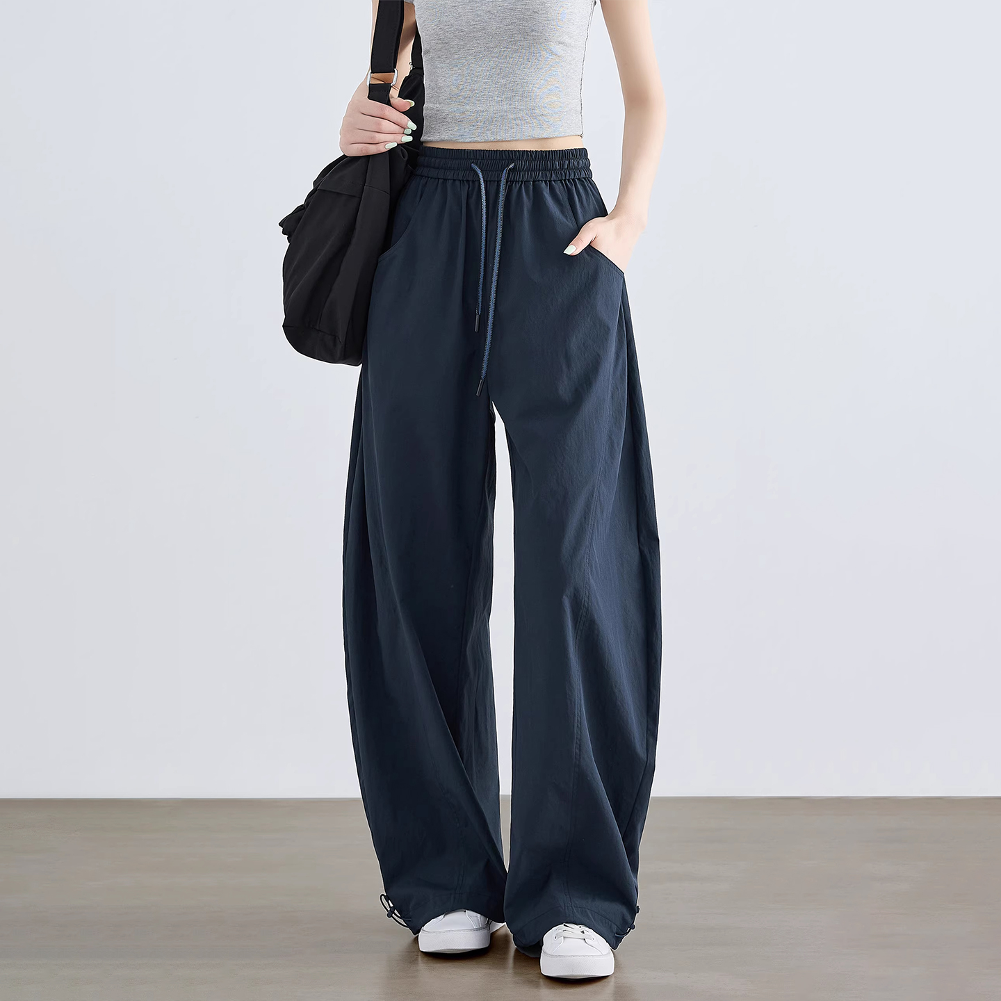 藏青色美式速干工装裤女夏季薄款2025新款加长版高个子冰丝阔腿裤 - 图3