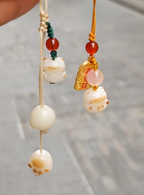 成都文殊院白玉菩提招财猫手机挂，送原装布袋+证书，成都直发