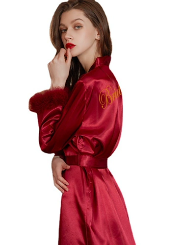 Сексуальный банный халат для невесты, шелковая красная летняя пижама, для подружки невесты, изысканный стиль, набивка пером