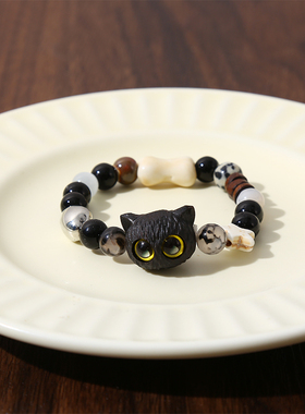 萌系学院~天然石小猫串珠手链女生2023年新款情侣手串网红陶瓷手