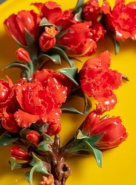 夫己纯手工陶瓷花花世界之圆盘石榴花中式客厅卧室餐厅玄关摆件