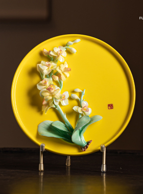 夫己纯手工陶瓷花花世界之圆盘蝴蝶兰卧室客厅餐厅玄关陶瓷摆件