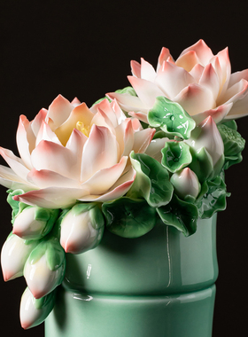 夫己纯手工陶瓷《虚谷长馨》之荷花卧室客厅玄关餐厅茶桌摆件