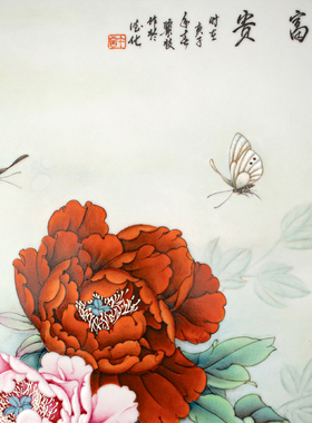 夫己纯手工陶瓷手绘天香富贵平板壁画深框国风卧室客厅玄关壁画