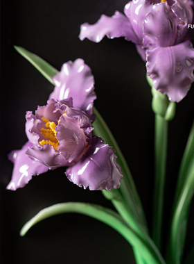 夫己纯手工陶瓷长方形瓷板紫鸢尾花卧室客厅餐厅玄关摆件
