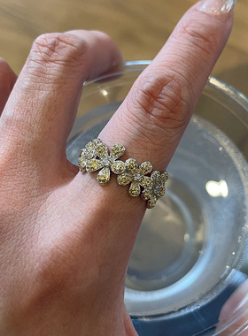 v金材质保色精致显白黄钻五叶花环开口戒指高级感贵气戒指