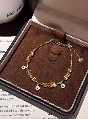 真金电镀保色百搭气质钱串子爆闪金色拉丝猫眼盘缠串珠手链