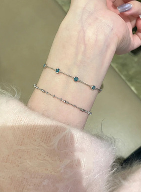 v金材质真金电镀叠戴银素链蓝色泡泡闪钻手链高级感手链首饰品