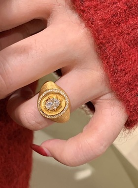 真金电镀保色金色拉丝八芒星盾牌戒指奢华宫廷风高级指环