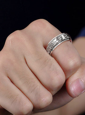 可转动龙戒指男 纯银复古霸气龙戒 会旋转转运单身龙纹食戒指女潮