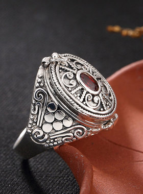 可以藏东西的戒指可打开装东西的储物指环复古食指戒女纯银嘎乌盒