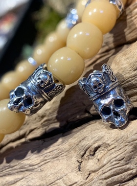 S925纯银皇冠骷髅国王线束背云文玩尸陀林骷髅隔珠绳束弟子珠配饰
