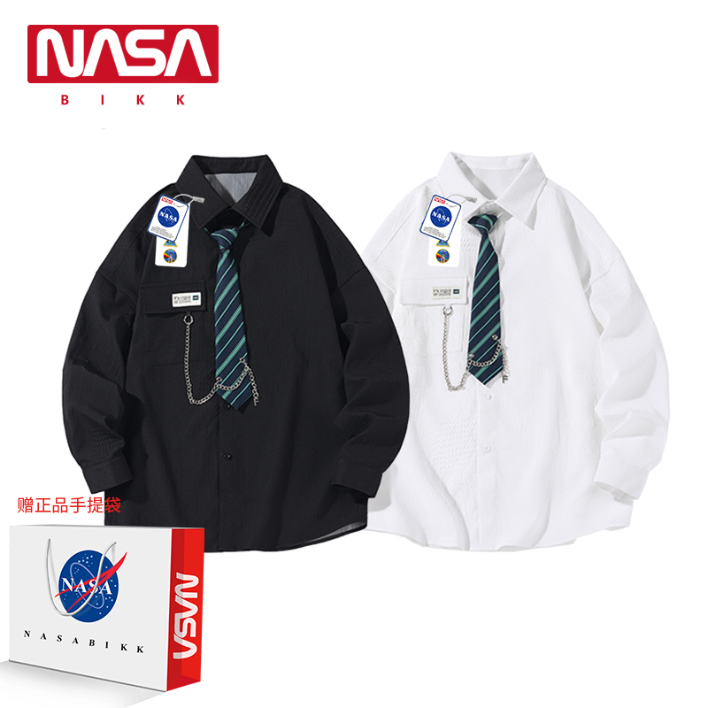NASA BIKK长袖衬衣日系男女情侣款2023新款学院风宽松百搭dk衬衫-图1