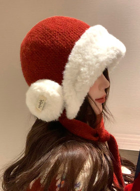 红色毛绒雷锋帽女加厚保暖大头围