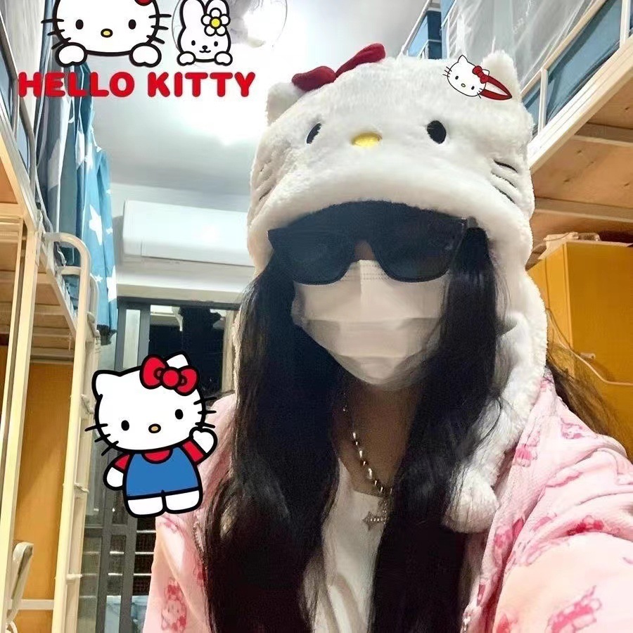 冬卡通HelloKitty帽子挂脖可爱搞怪毛绒包头帽学生骑行防风护耳帽 - 图2