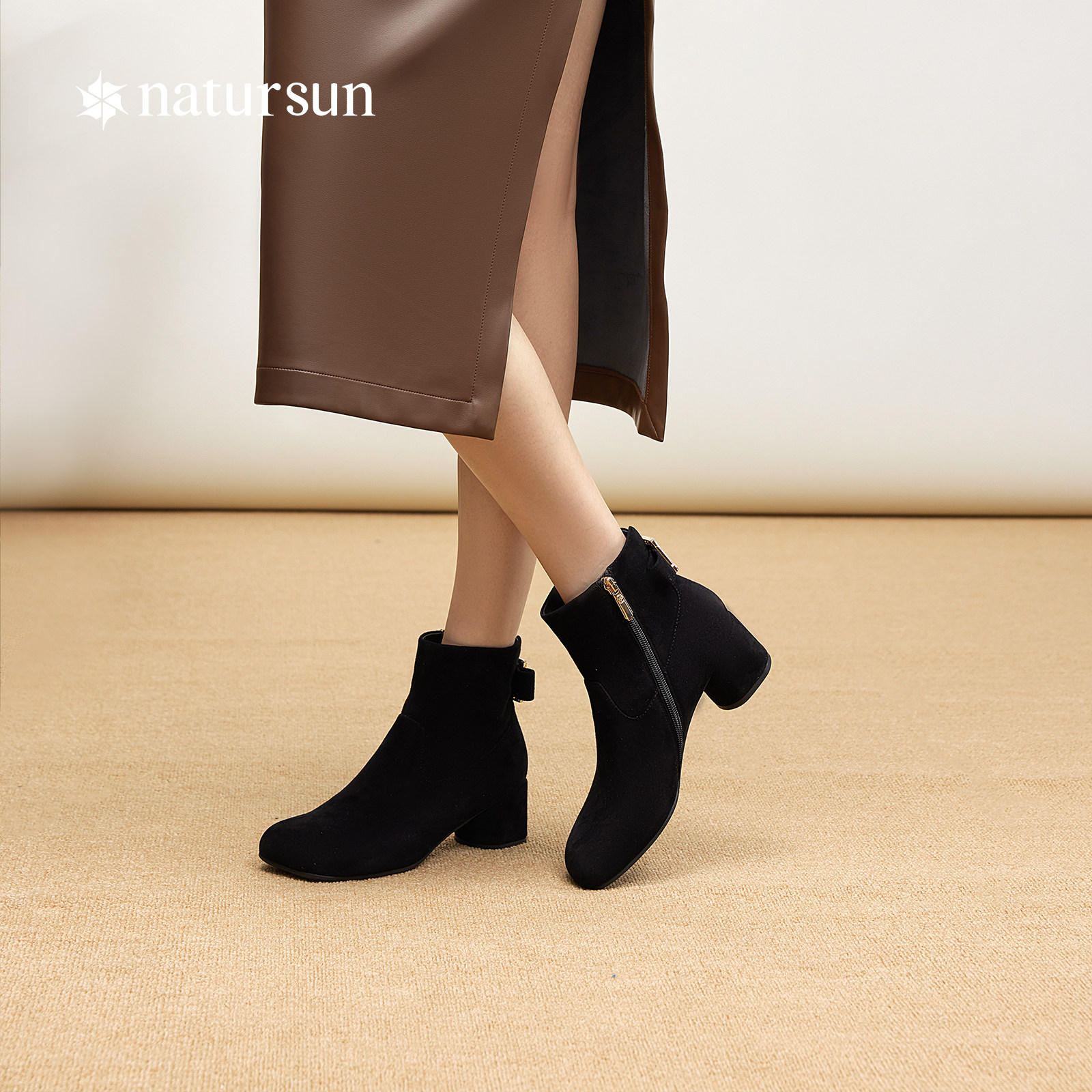natursun方头时装靴冬冬季羊皮粗跟不累脚绒面拉链瘦瘦靴百搭靴子,淘宝优惠券,粉丝福利购,淘宝优惠卷
