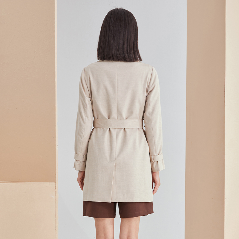 杨门中长款风衣外套女双排扣春季新款系带腰带翻领中长外套 - 图0