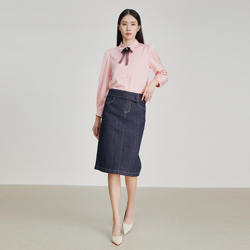 EMOO杨门2025春季新品深蓝高腰薄款牛仔半身裙女臀裙中长裙女 - 图2